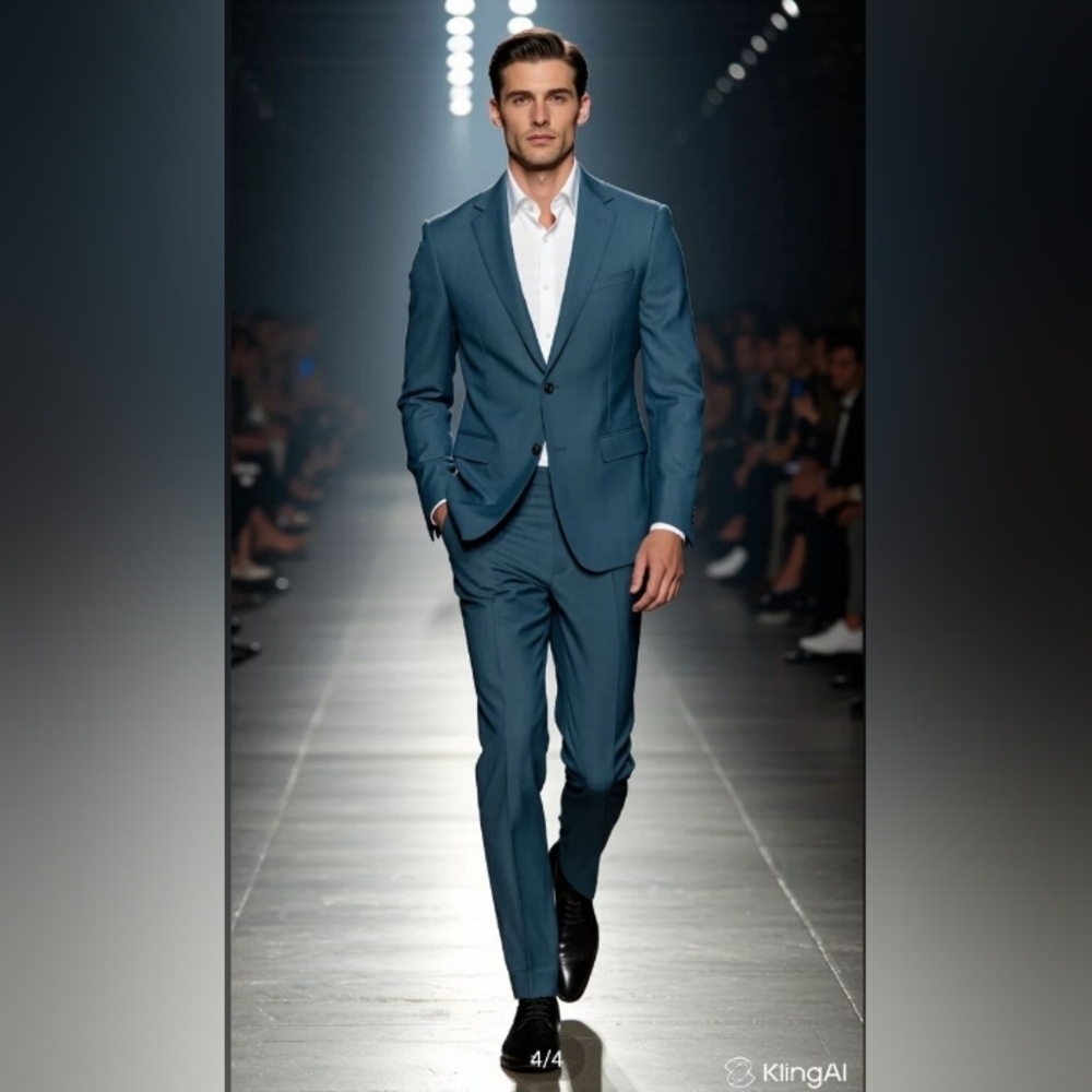 Mediterranea Men's Blue Suit, Retro Style, Made in Italy, 42L / 34x30